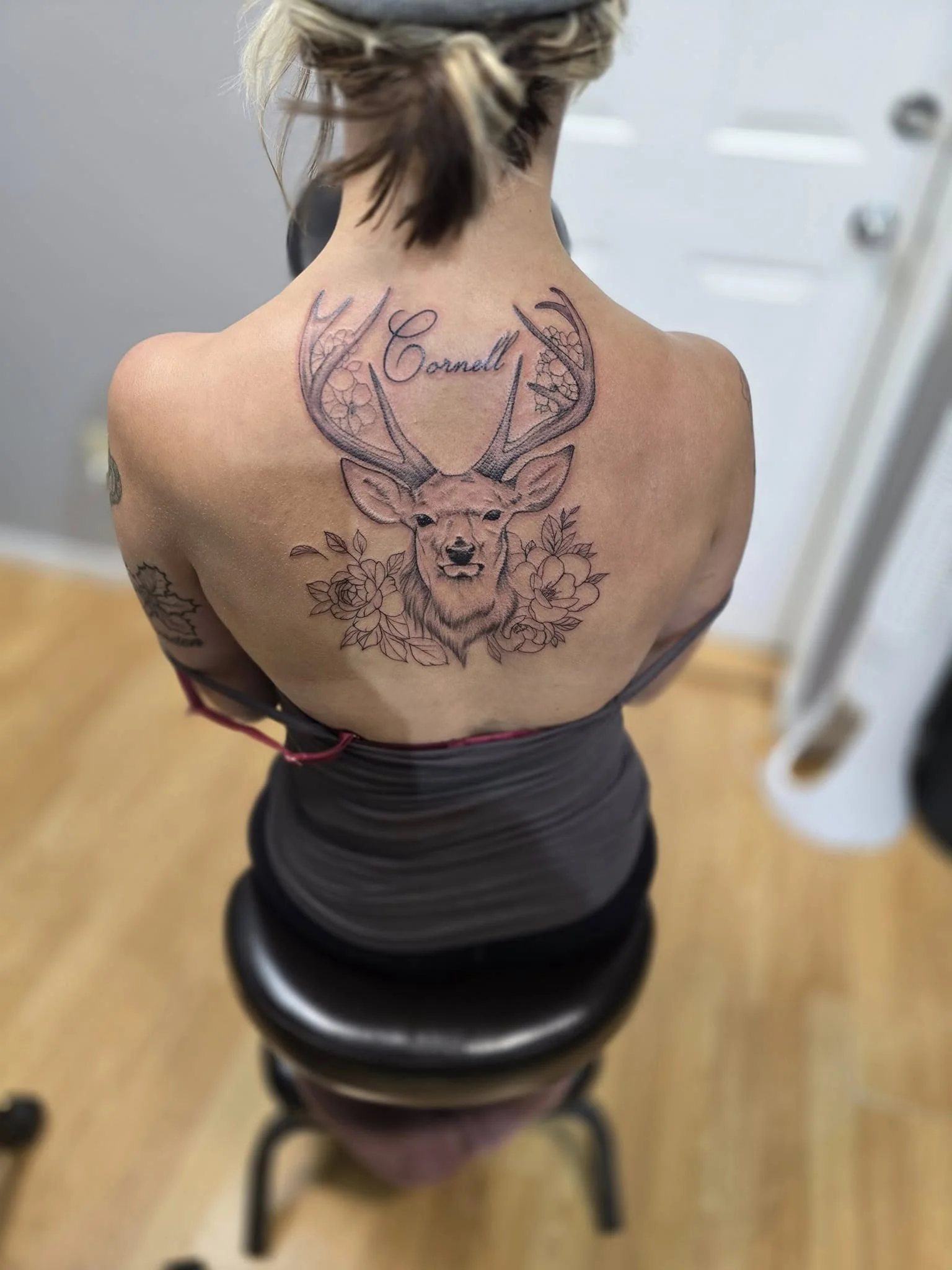 Deer skull with antlers memorial back tattoo - Custom blackwork Moose Jaw