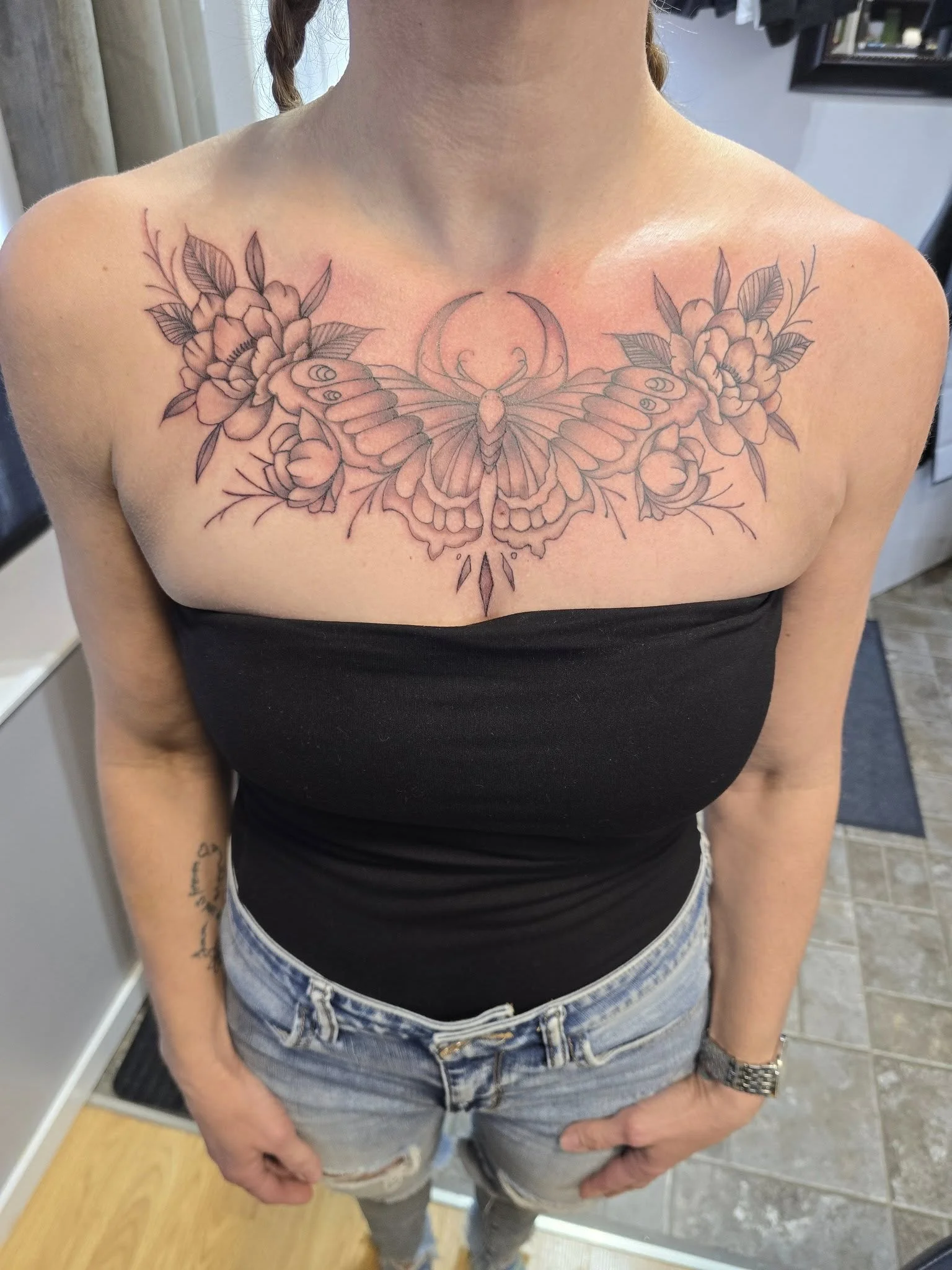 Skull with antlers and floral back piece - Large custom blackwork Moose Jaw