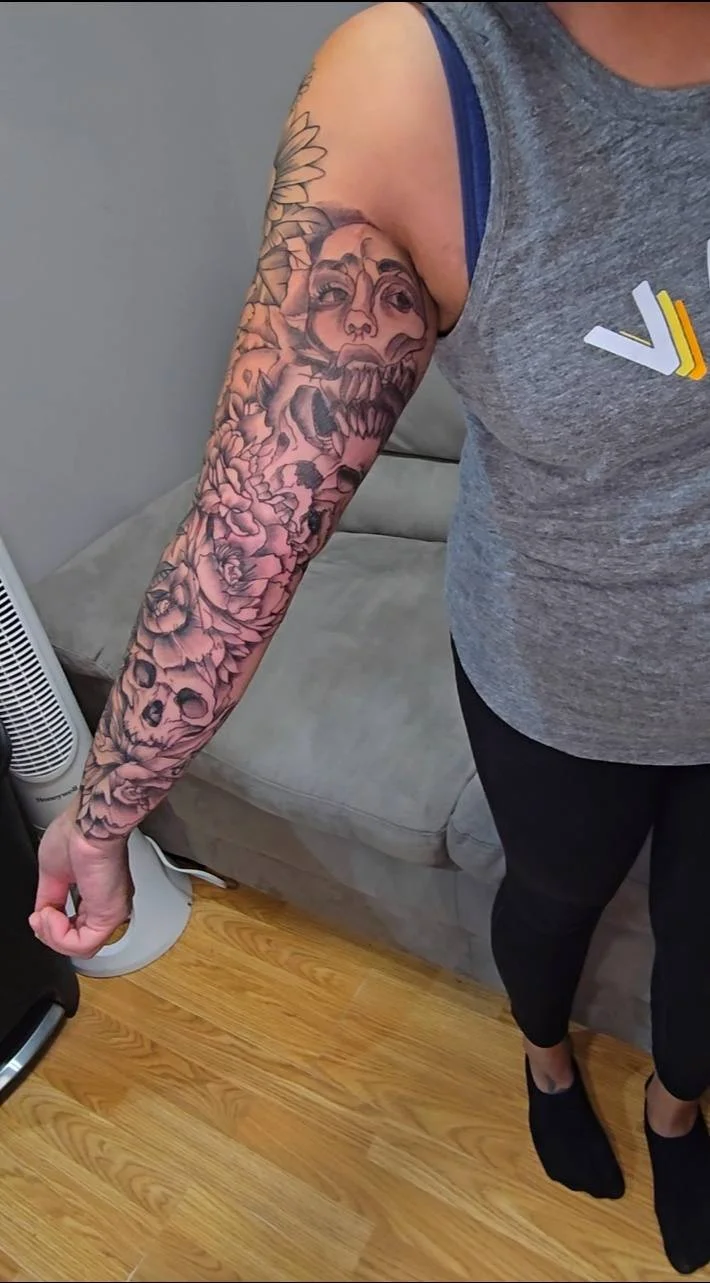 Full ornamental and skull sleeve tattoo - Complete arm sleeve blackwork Mike Kuntz